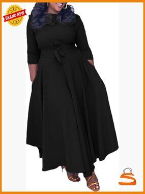 Casual Plus Size Maxi Dress with 3/4 Sleeves and Belt